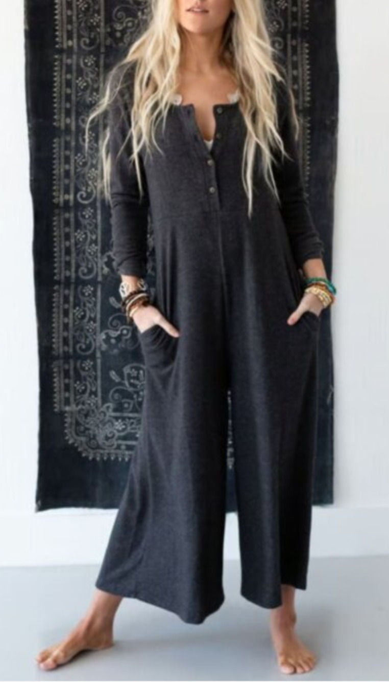 Three Bird Nest charcoal grey wide leg fleece jumpsuit Size S Boho Comfycore